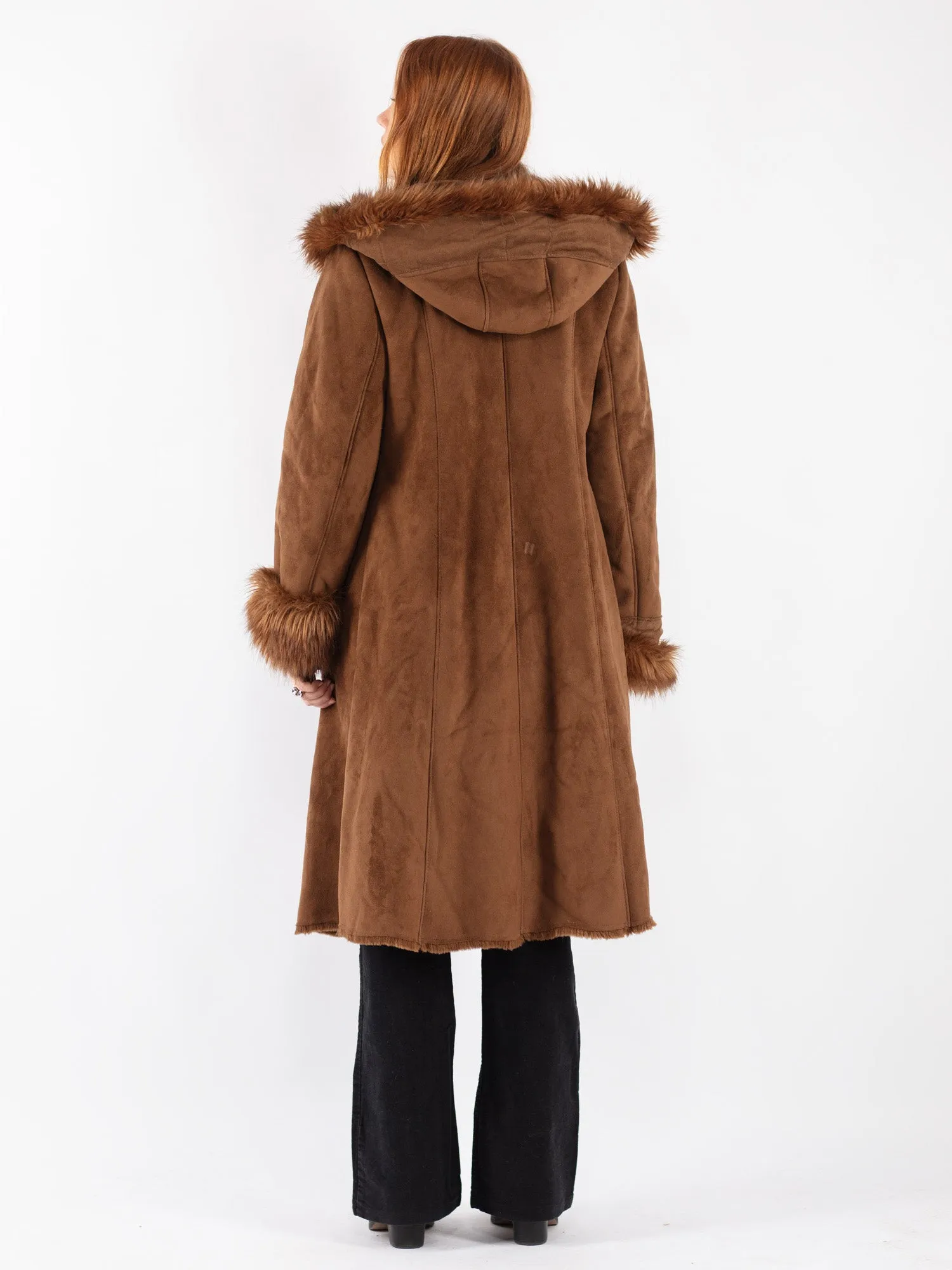 Vintage 90's Women Faux Sheepskin Long Coat in Brown