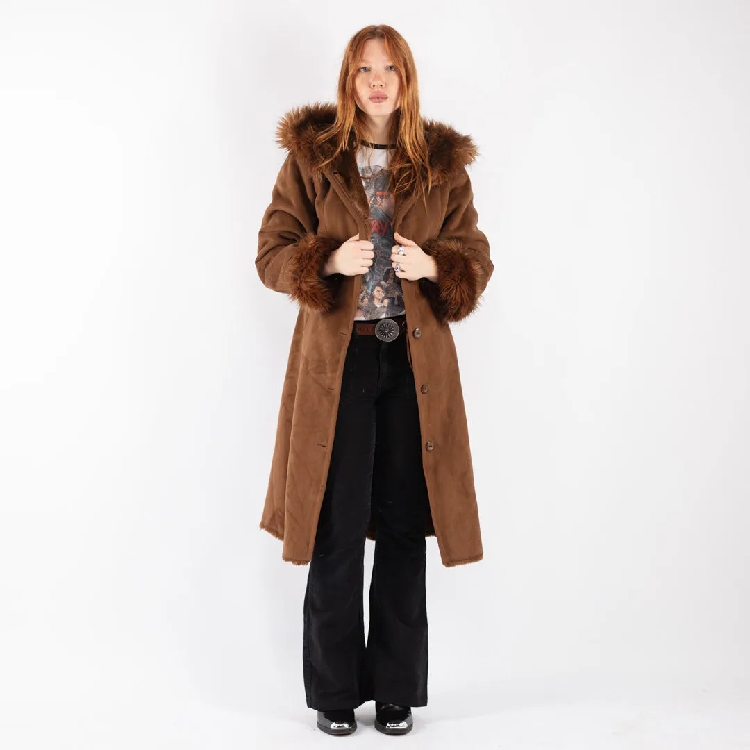 Vintage 90's Women Faux Sheepskin Long Coat in Brown