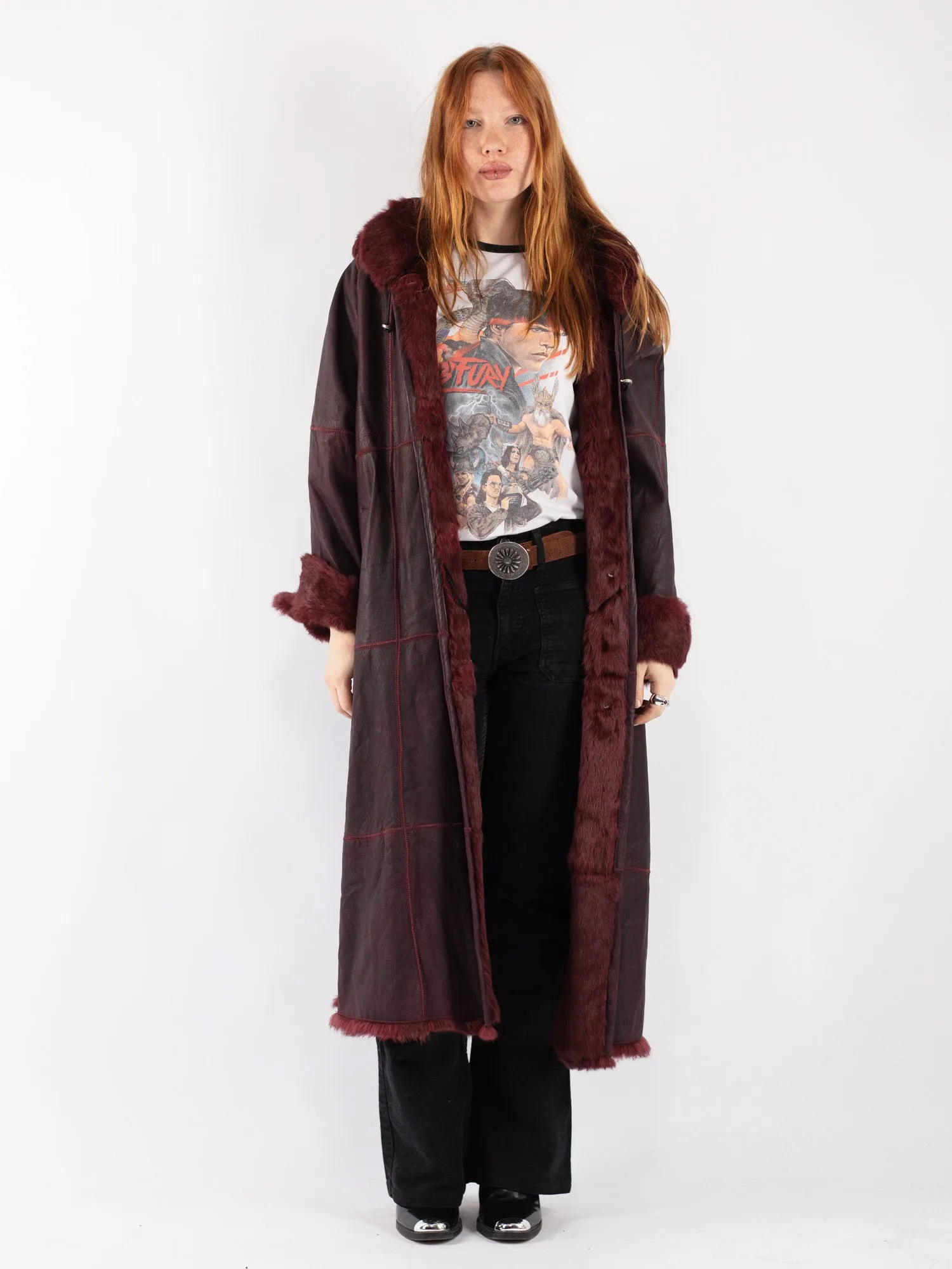 Vintage 90's Women Lapin Leather Fur Coat in Burgundy Red