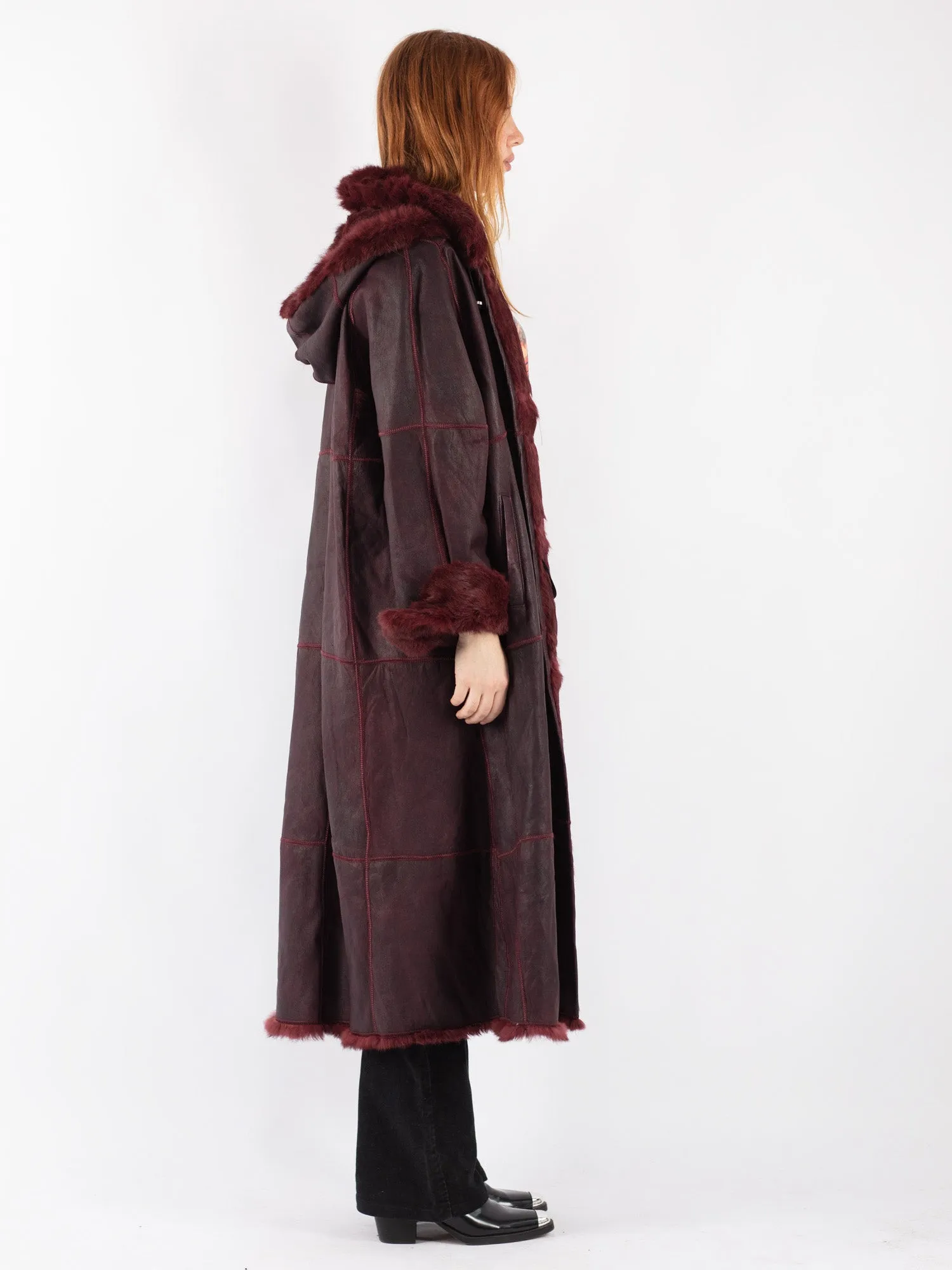 Vintage 90's Women Lapin Leather Fur Coat in Burgundy Red