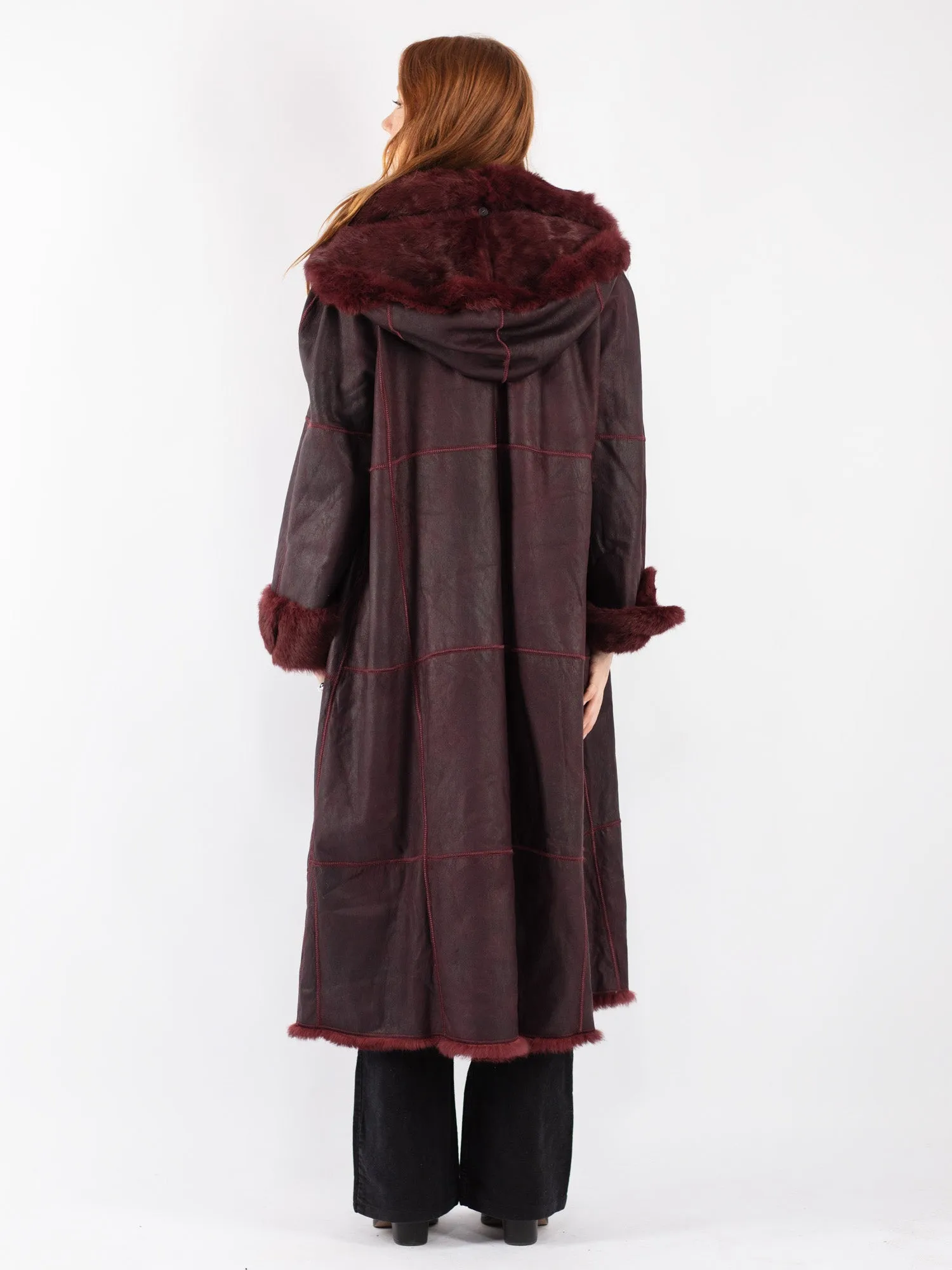 Vintage 90's Women Lapin Leather Fur Coat in Burgundy Red