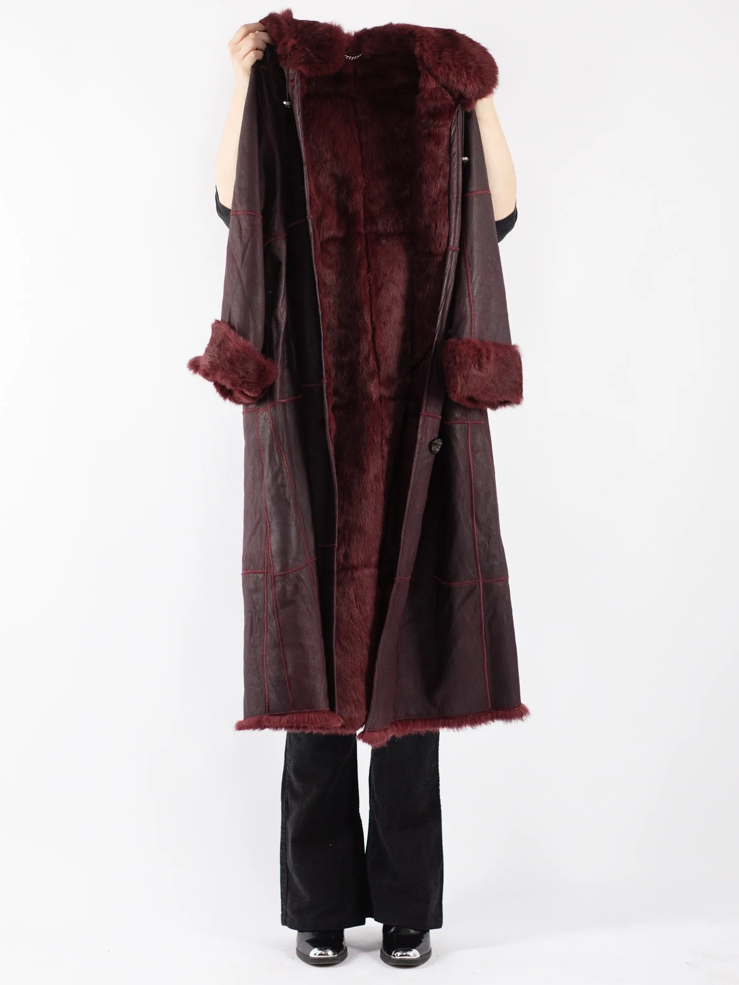 Vintage 90's Women Lapin Leather Fur Coat in Burgundy Red