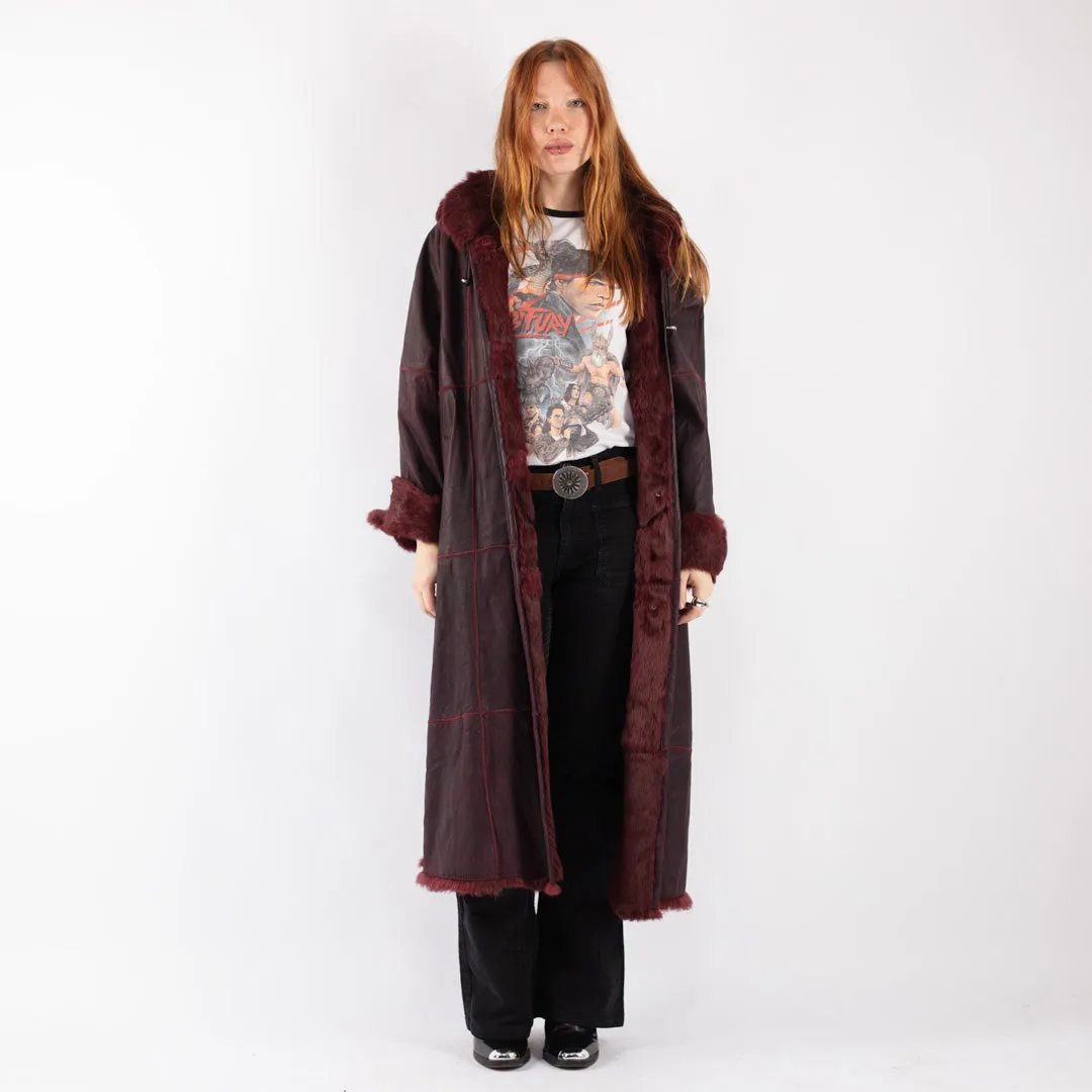 Vintage 90's Women Lapin Leather Fur Coat in Burgundy Red