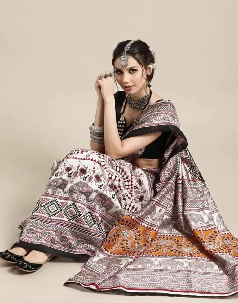 White Silk Printed Sarees