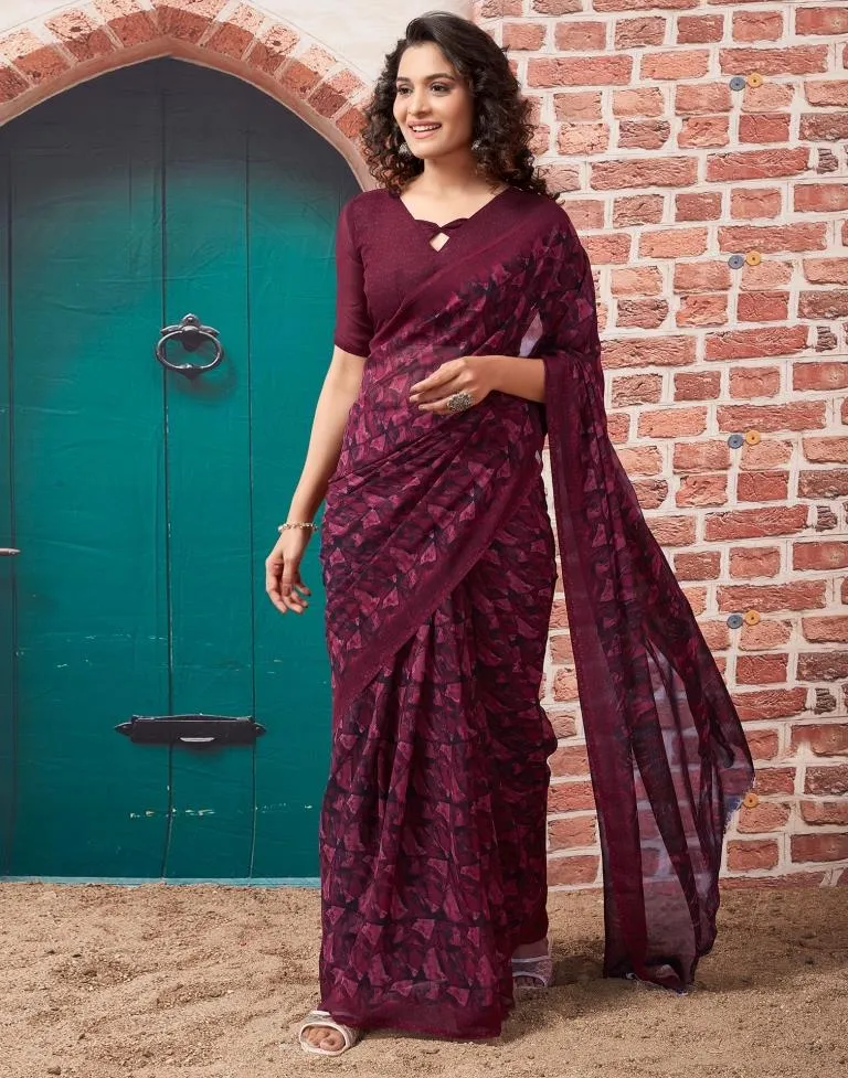 Wine Georgette Printed Sarees