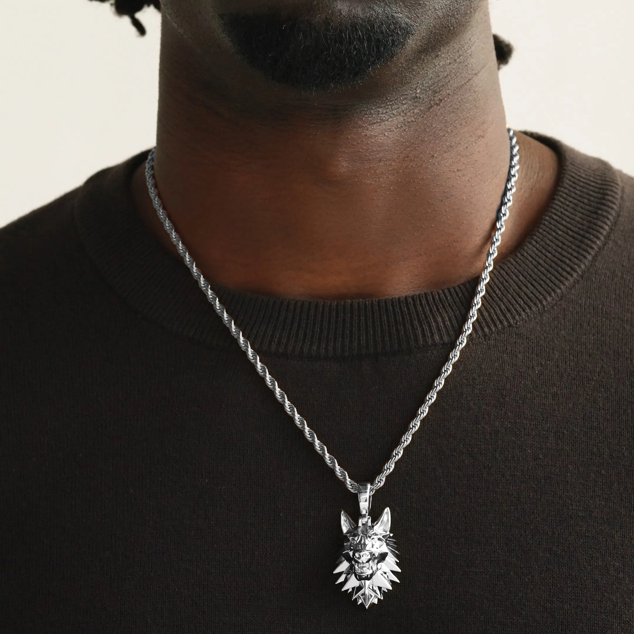 Wolf Head Necklace Pendant & Rope Chain White Gold