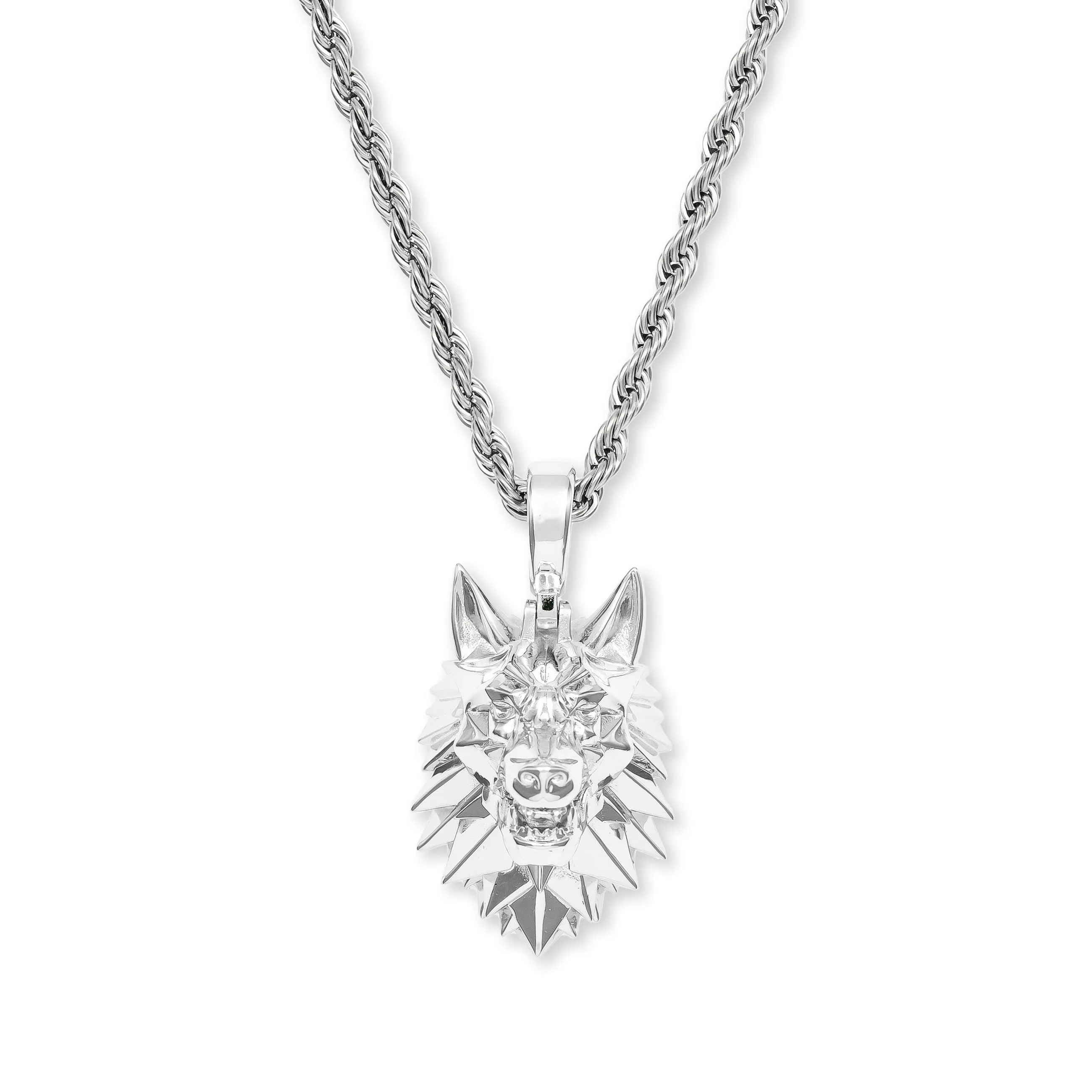 Wolf Head Necklace Pendant & Rope Chain White Gold