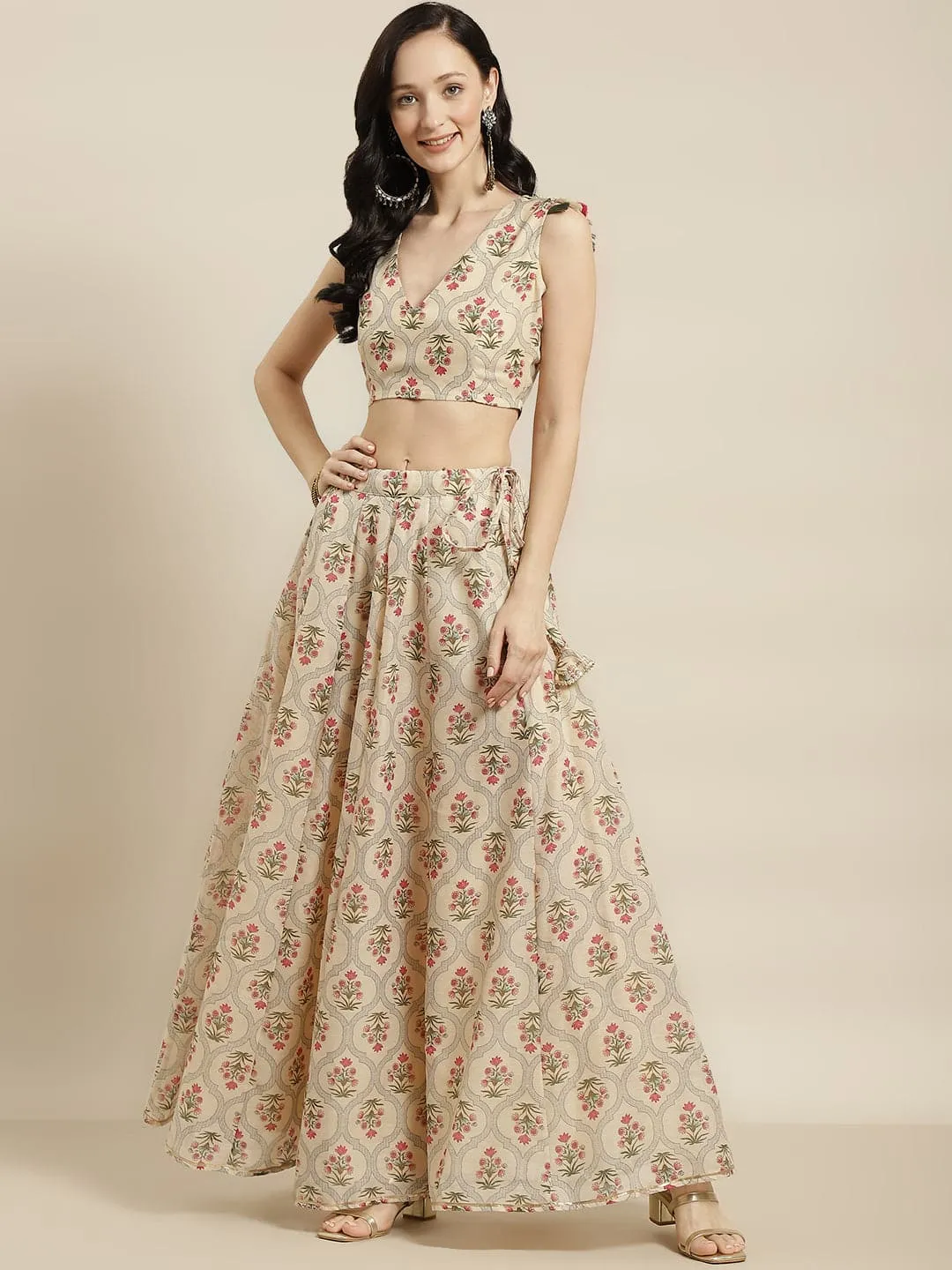 Women Beige Mughal Floral Crop Top With Anarkali Skirt