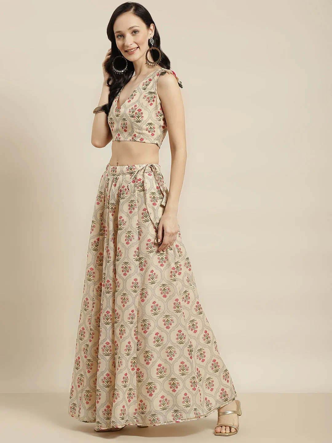 Women Beige Mughal Floral Crop Top With Anarkali Skirt