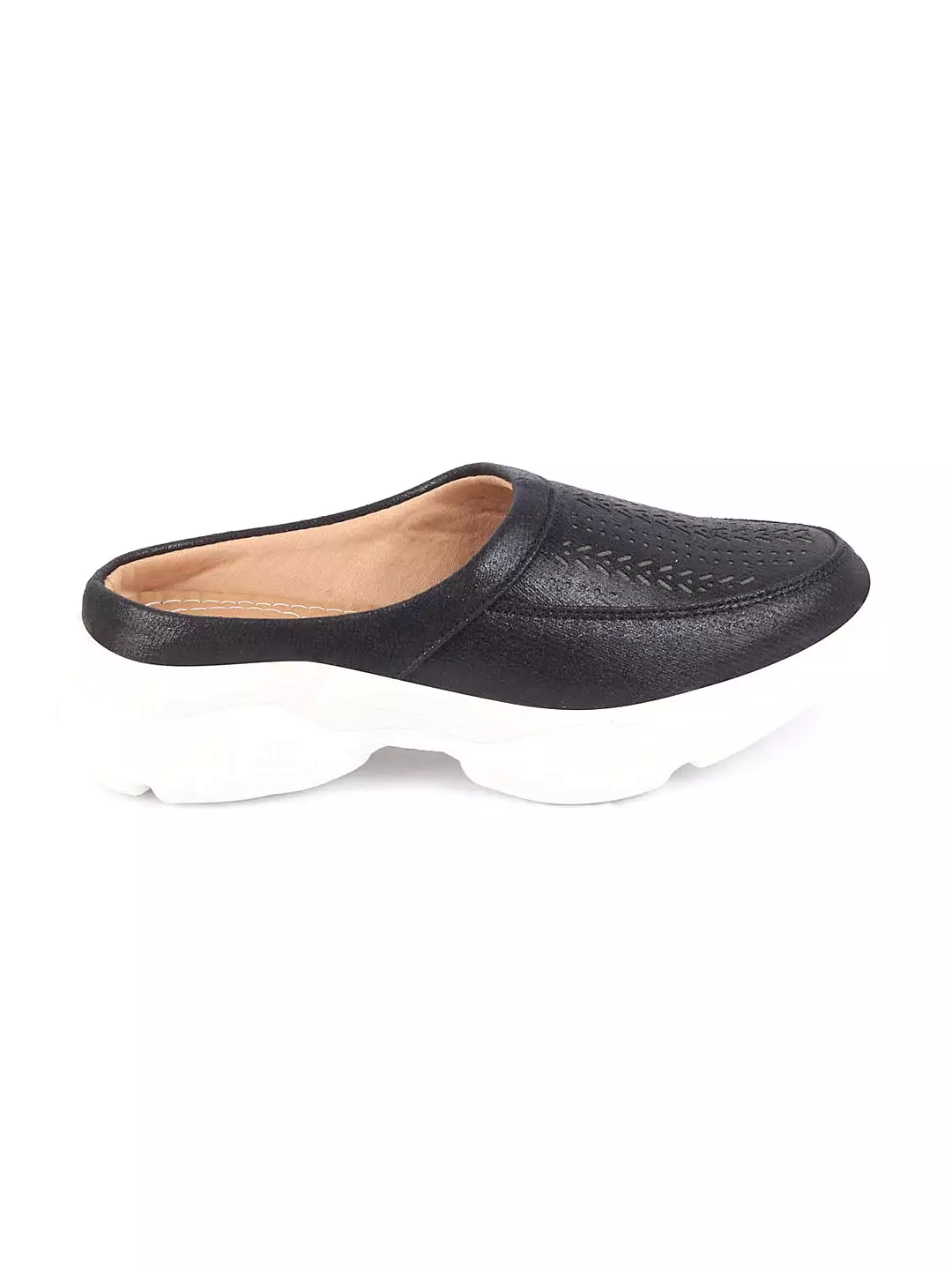 Women Black Laser Cut Design Stitched Back Open Slip On Mules Shoes