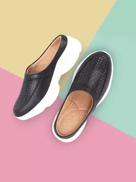 Women Black Laser Cut Design Stitched Back Open Slip On Mules Shoes