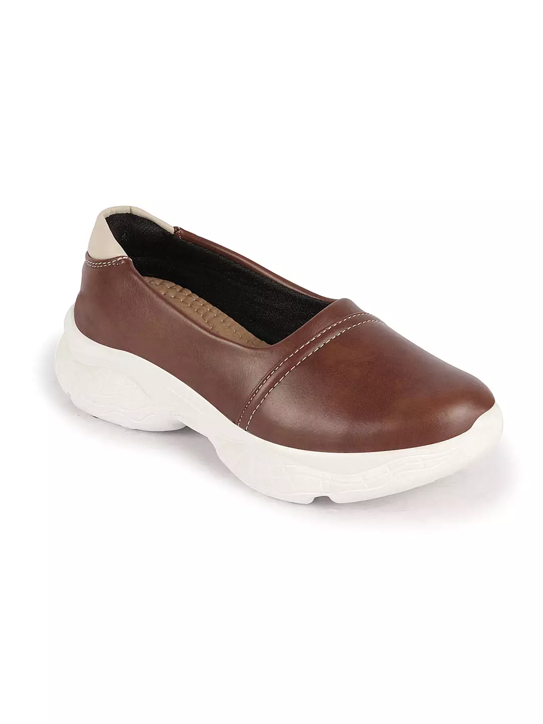 Women Brown Outdoor Fashion Stitched Design Slip On Shoes