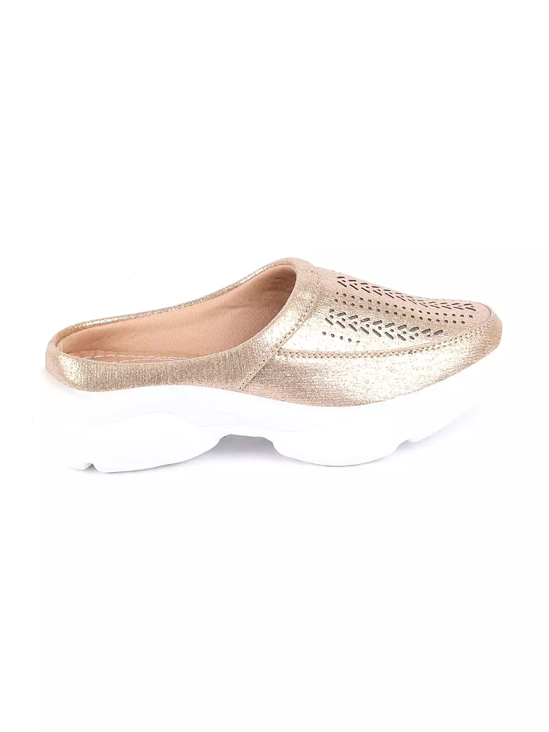 Women Golden Laser Cut Design Stitched Back Open Slip On Mules Shoes