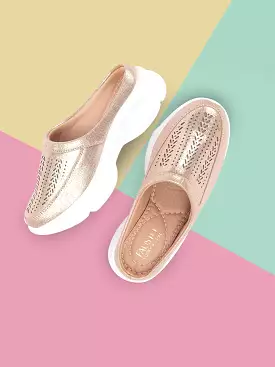 Women Golden Laser Cut Design Stitched Back Open Slip On Mules Shoes