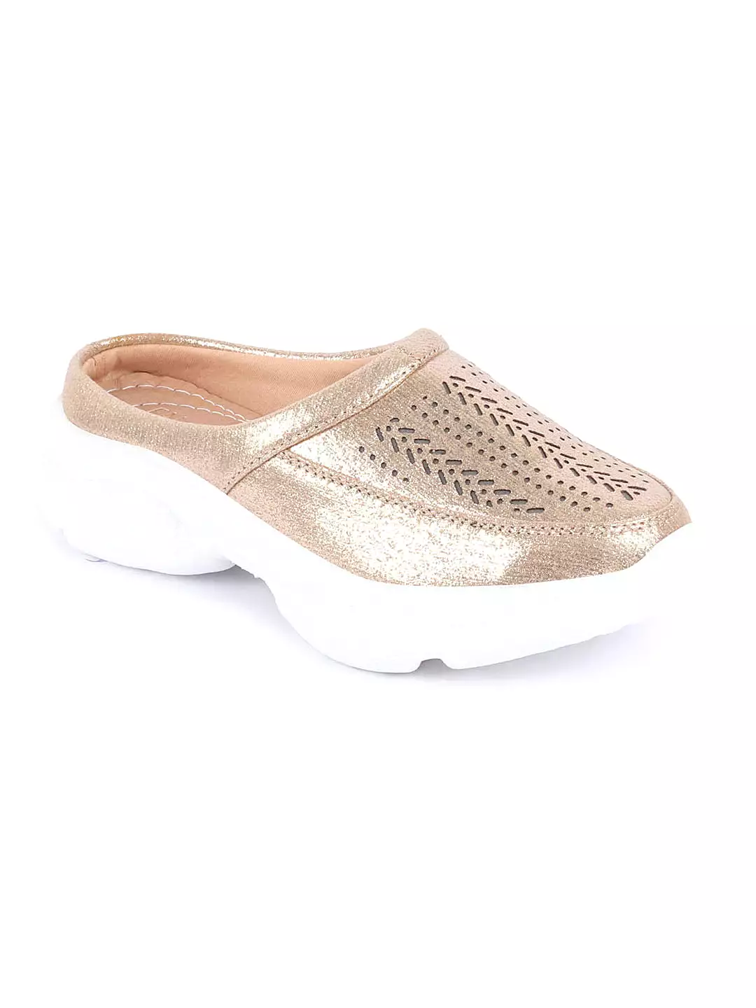 Women Golden Laser Cut Design Stitched Back Open Slip On Mules Shoes