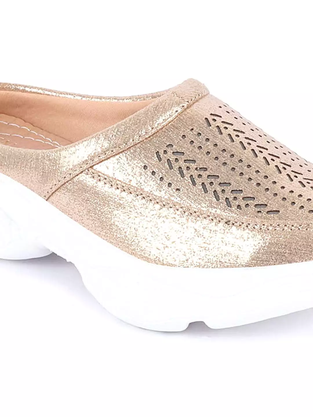 Women Golden Laser Cut Design Stitched Back Open Slip On Mules Shoes