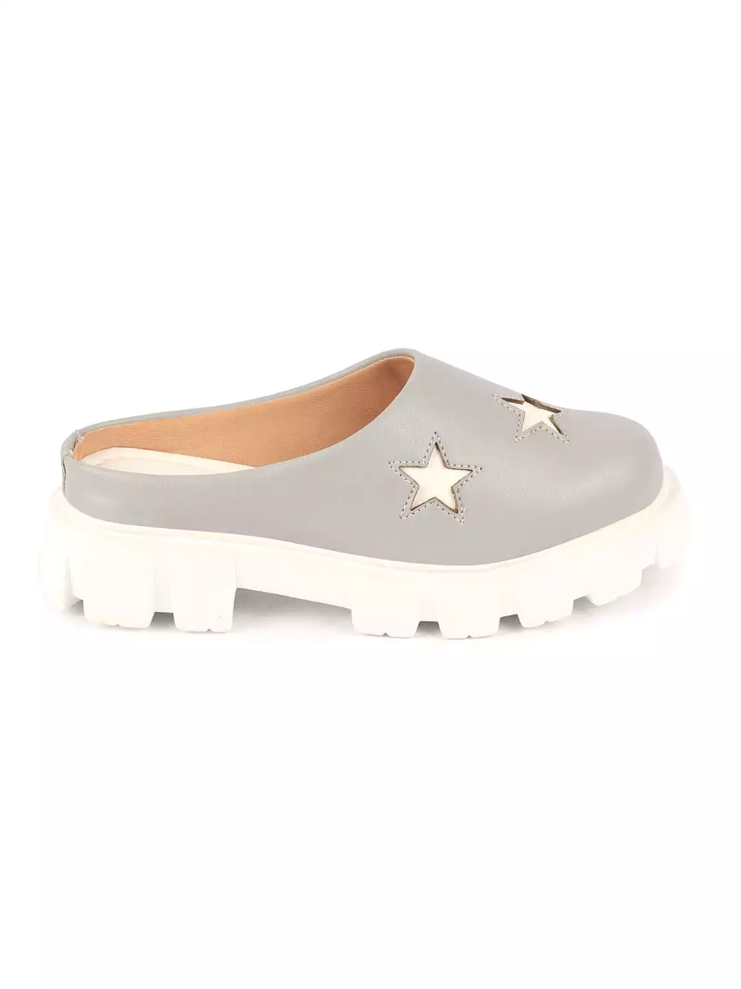 Women Grey Laser Cut Star Open Back Height Enhancer Slip On Casual Shoes