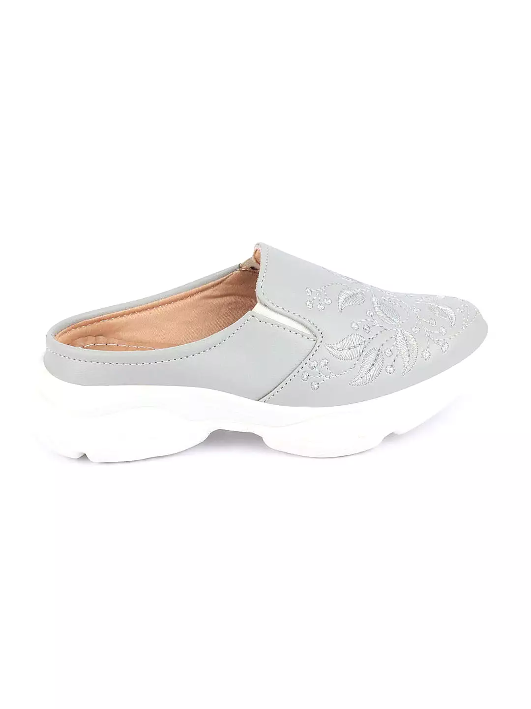 Women Grey Leaf Print Embroidery Design Back Open Slip On Mules Shoes