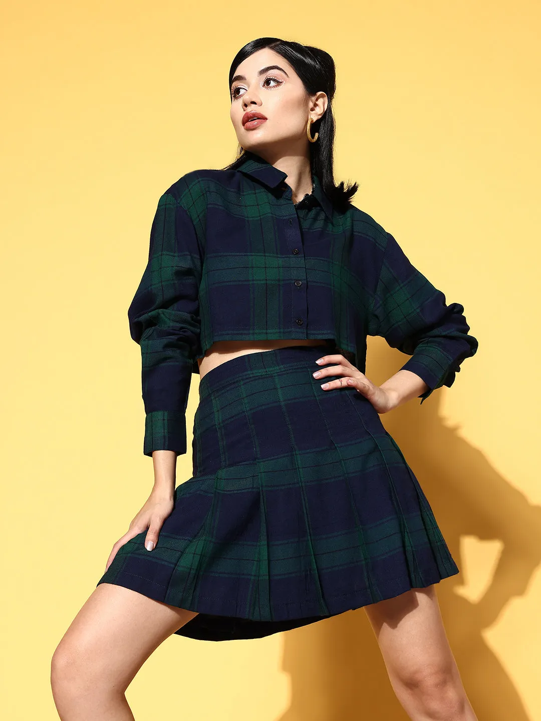 Women Navy Check Crop Shirt With Mini Skirt