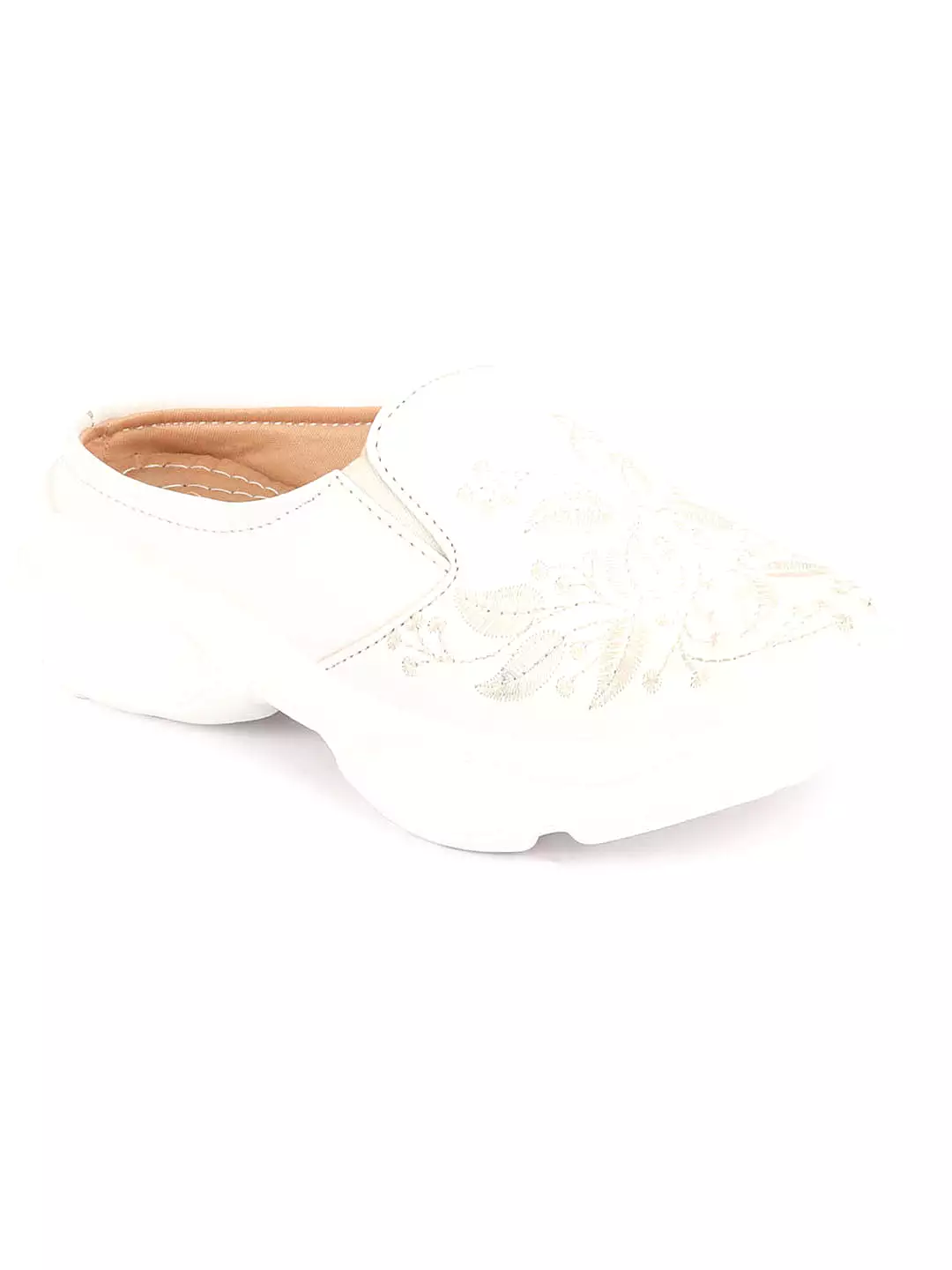 Women Off White Leaf Print Embroidery Design Back Open Slip On Mules Shoes