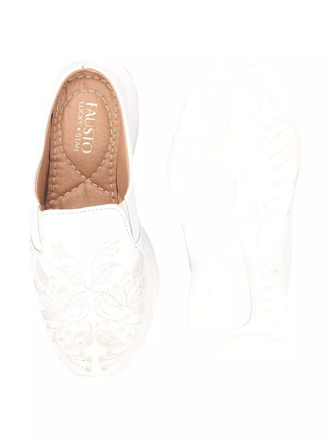 Women Off White Leaf Print Embroidery Design Back Open Slip On Mules Shoes