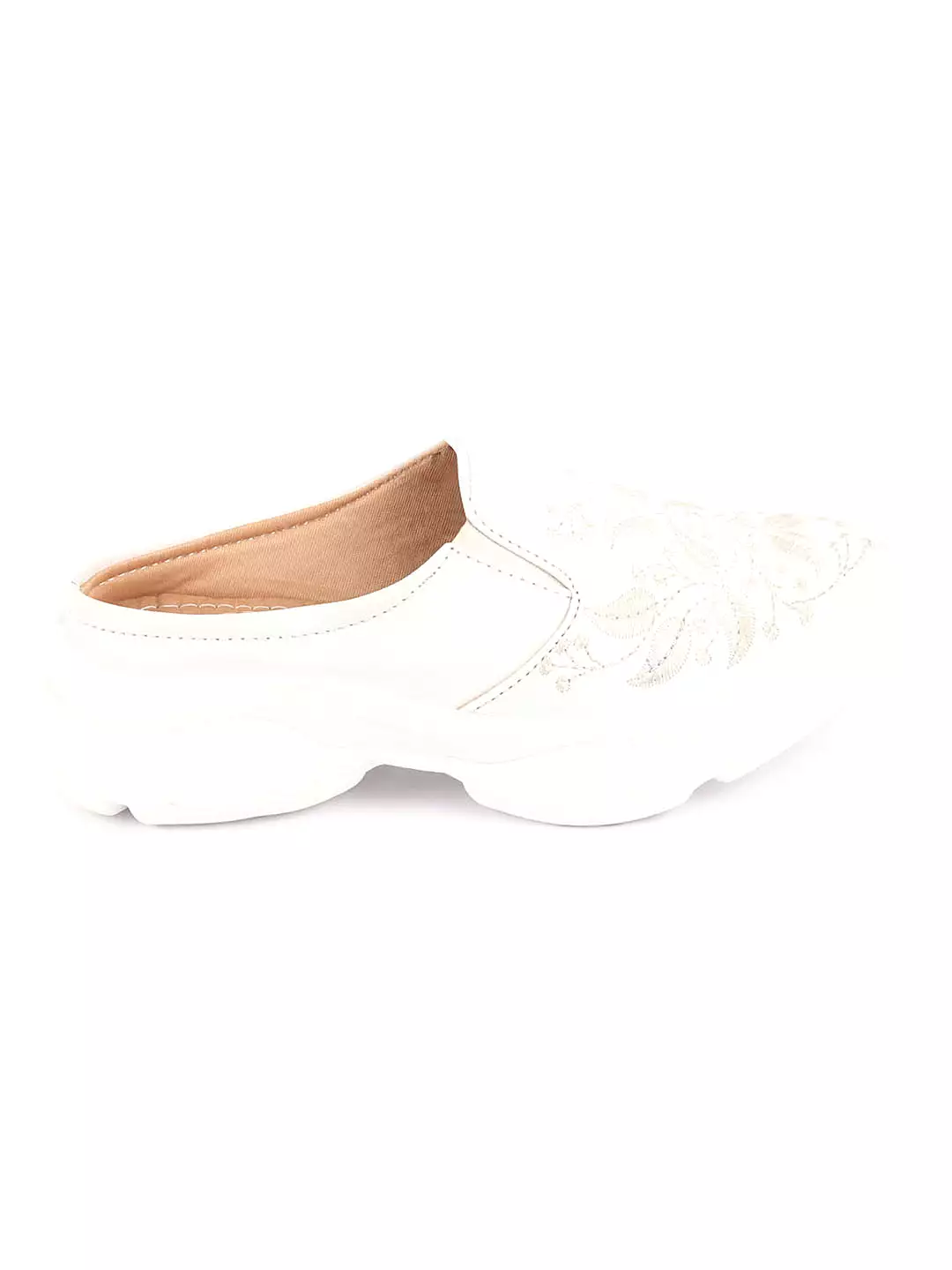 Women Off White Leaf Print Embroidery Design Back Open Slip On Mules Shoes