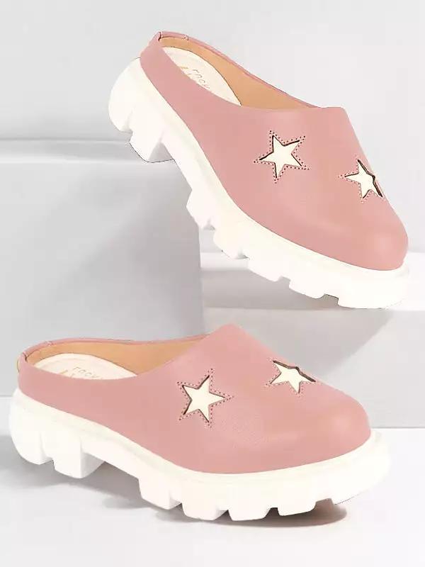 Women Peach Laser Cut Star Open Back Height Enhancer Slip On Casual Shoes