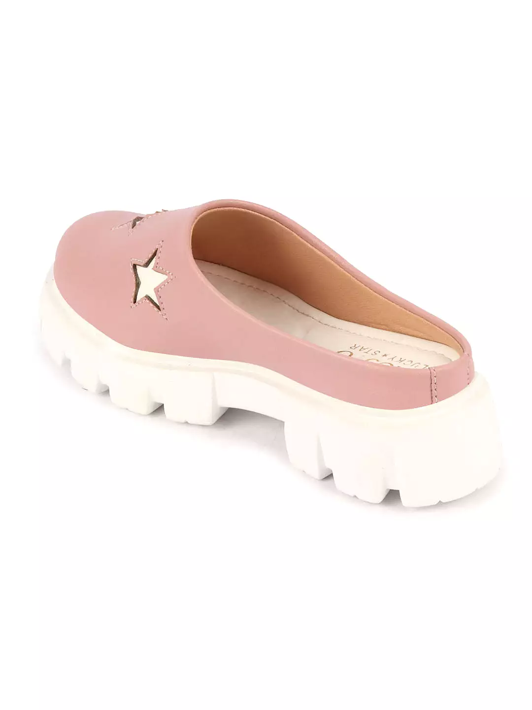 Women Peach Laser Cut Star Open Back Height Enhancer Slip On Casual Shoes