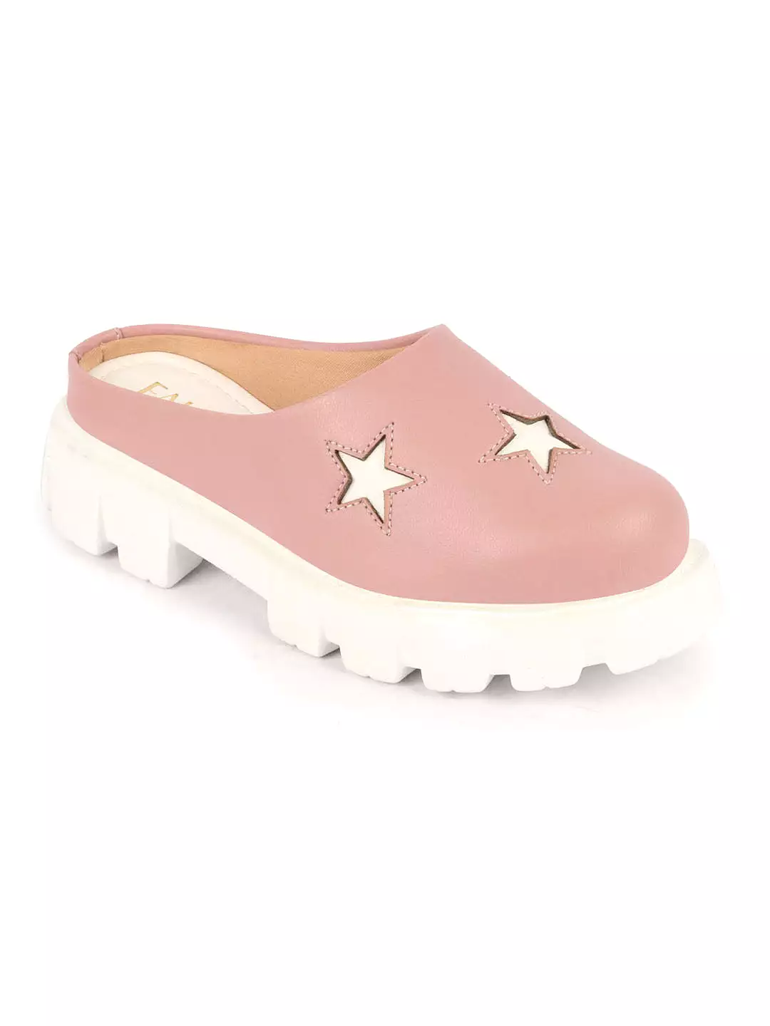 Women Peach Laser Cut Star Open Back Height Enhancer Slip On Casual Shoes