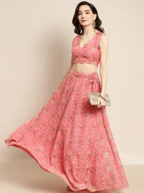 Women Peach Mughal Floral Crop Top With Anarkali Skirt