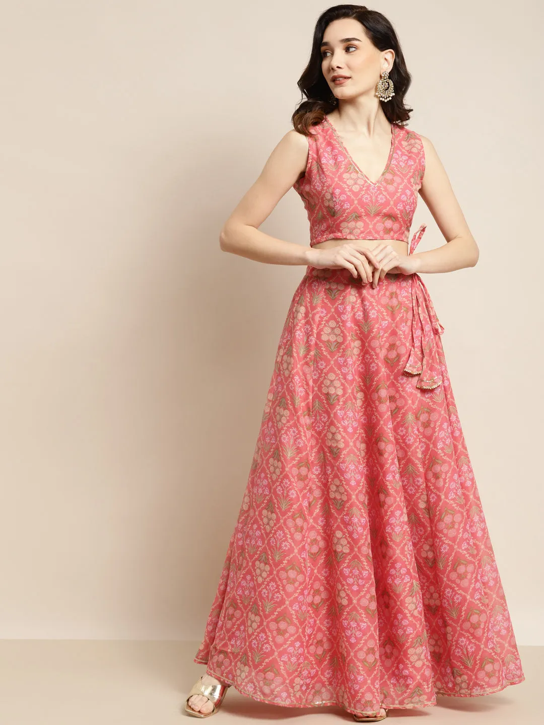 Women Peach Mughal Floral Crop Top With Anarkali Skirt