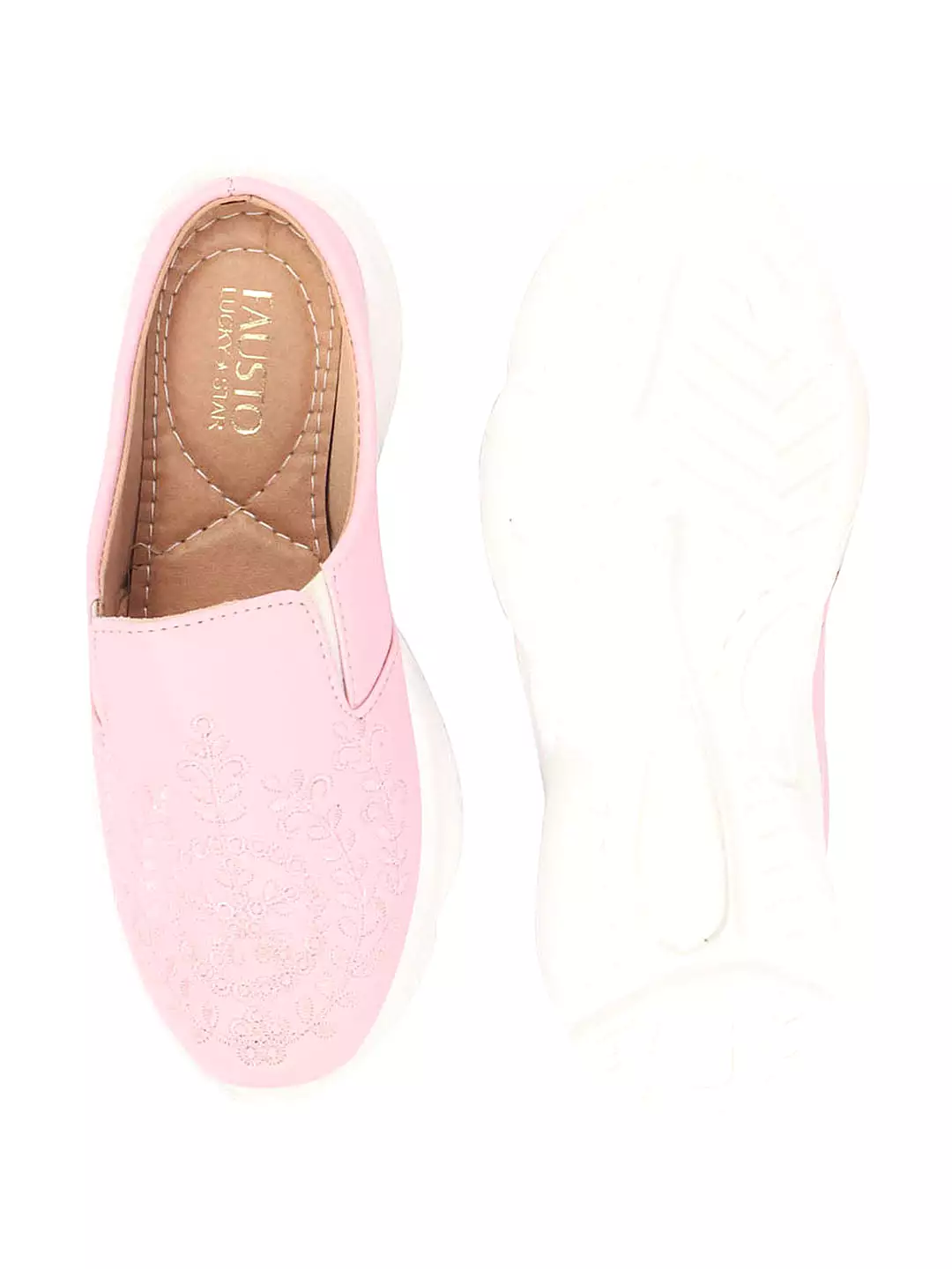 Women Pink Floral and Leaf Print Embroidery Design Back Open Slip On Mules Shoes