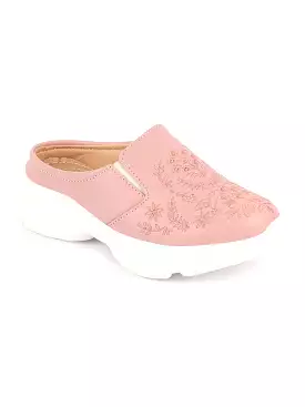 Women Pink Floral Print Embroidery Design Back Open Slip On Mules Shoes