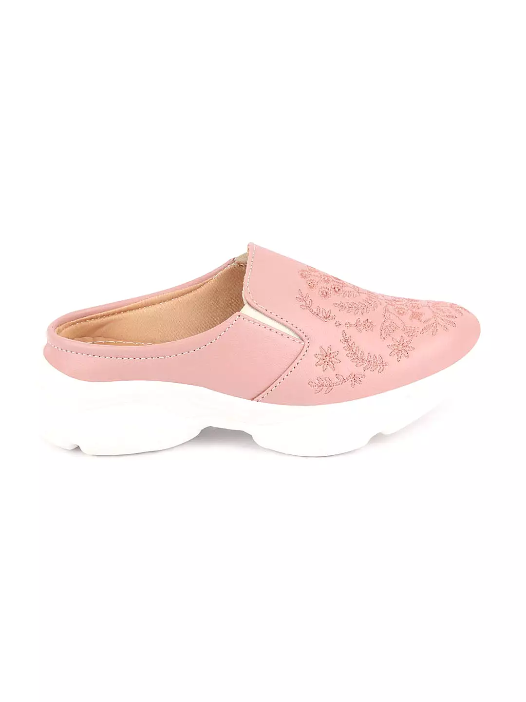 Women Pink Floral Print Embroidery Design Back Open Slip On Mules Shoes