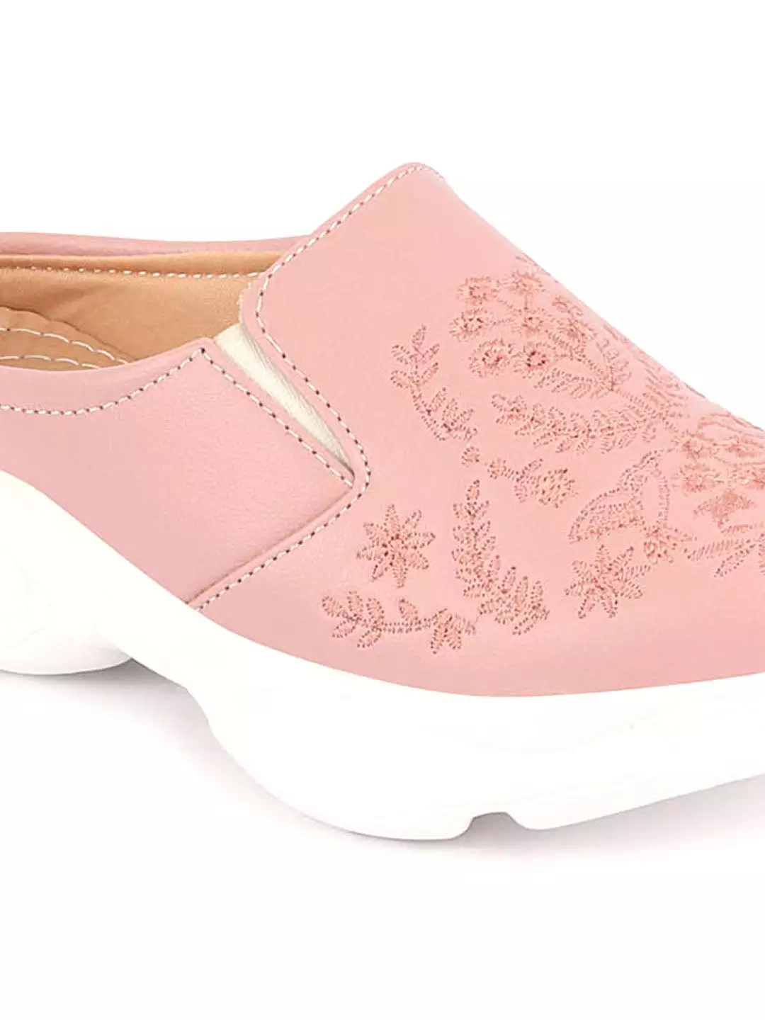 Women Pink Floral Print Embroidery Design Back Open Slip On Mules Shoes