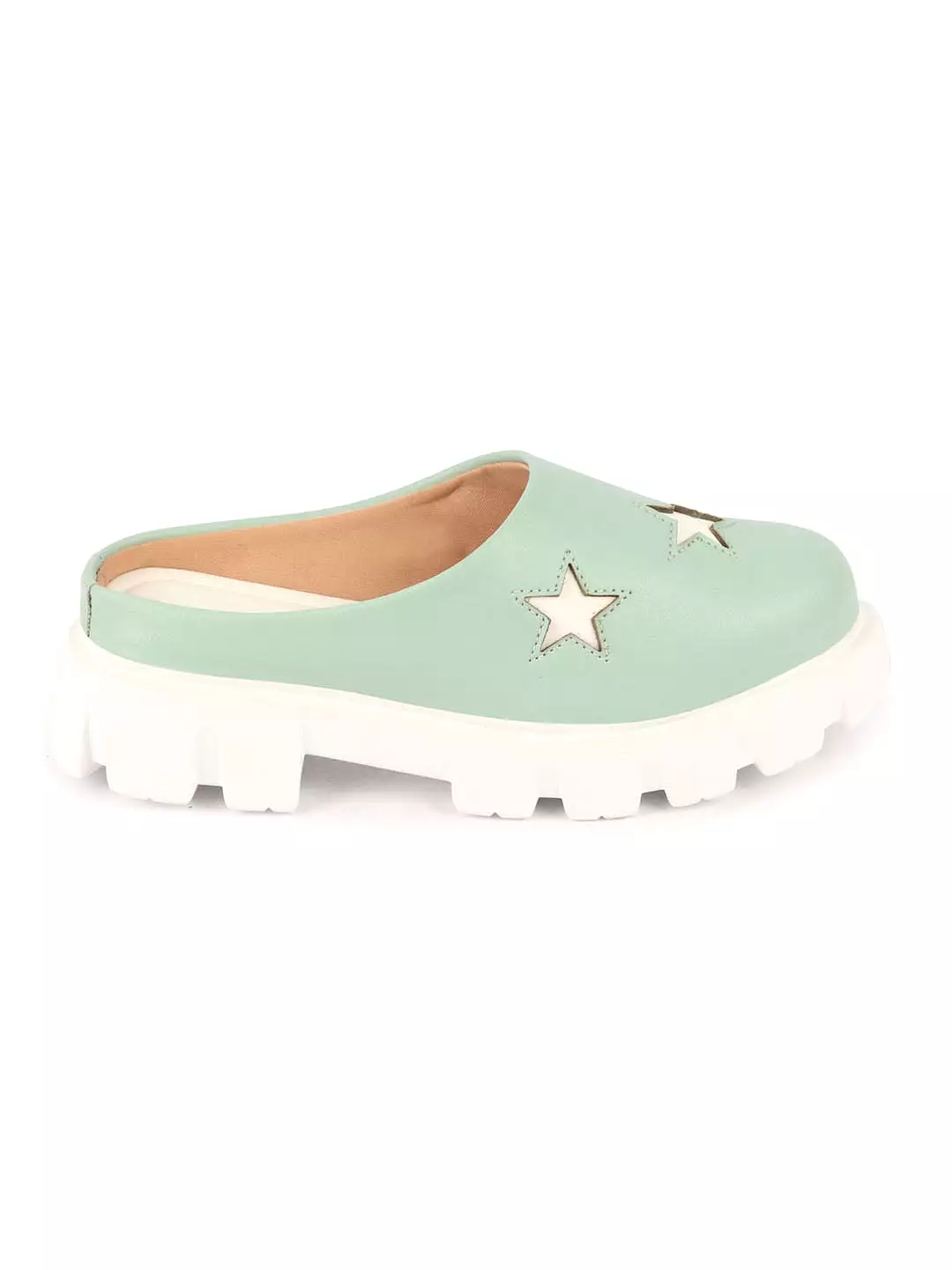 Women Pista Green Laser Cut Star Open Back Height Enhancer Slip On Casual Shoes