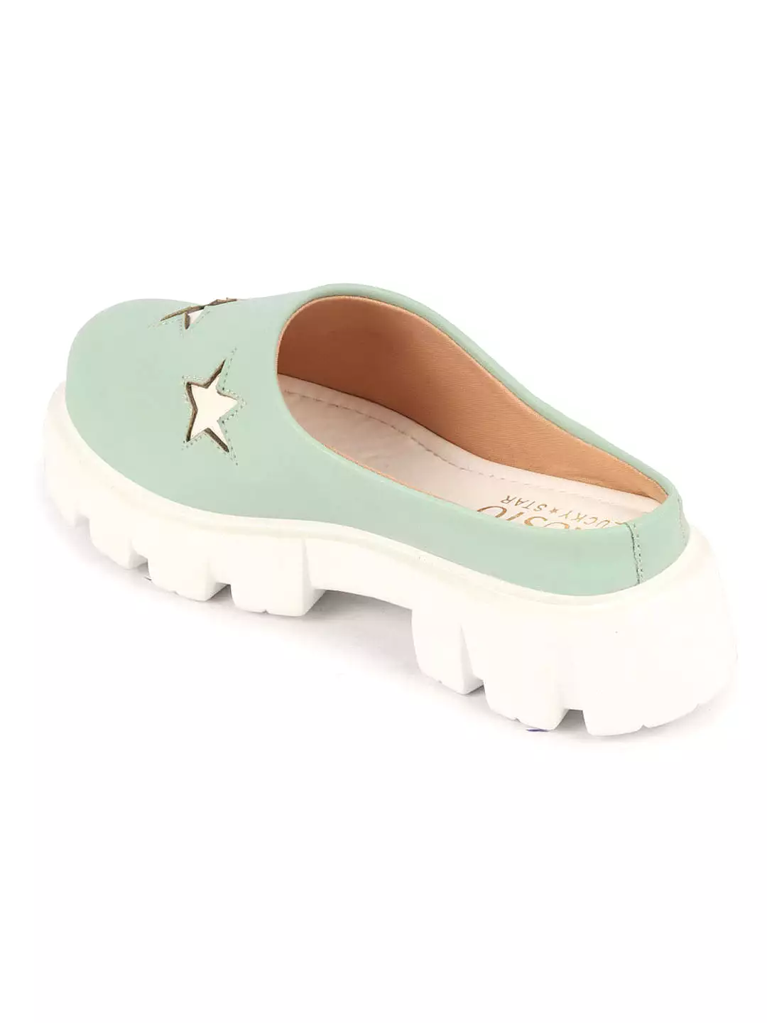 Women Pista Green Laser Cut Star Open Back Height Enhancer Slip On Casual Shoes