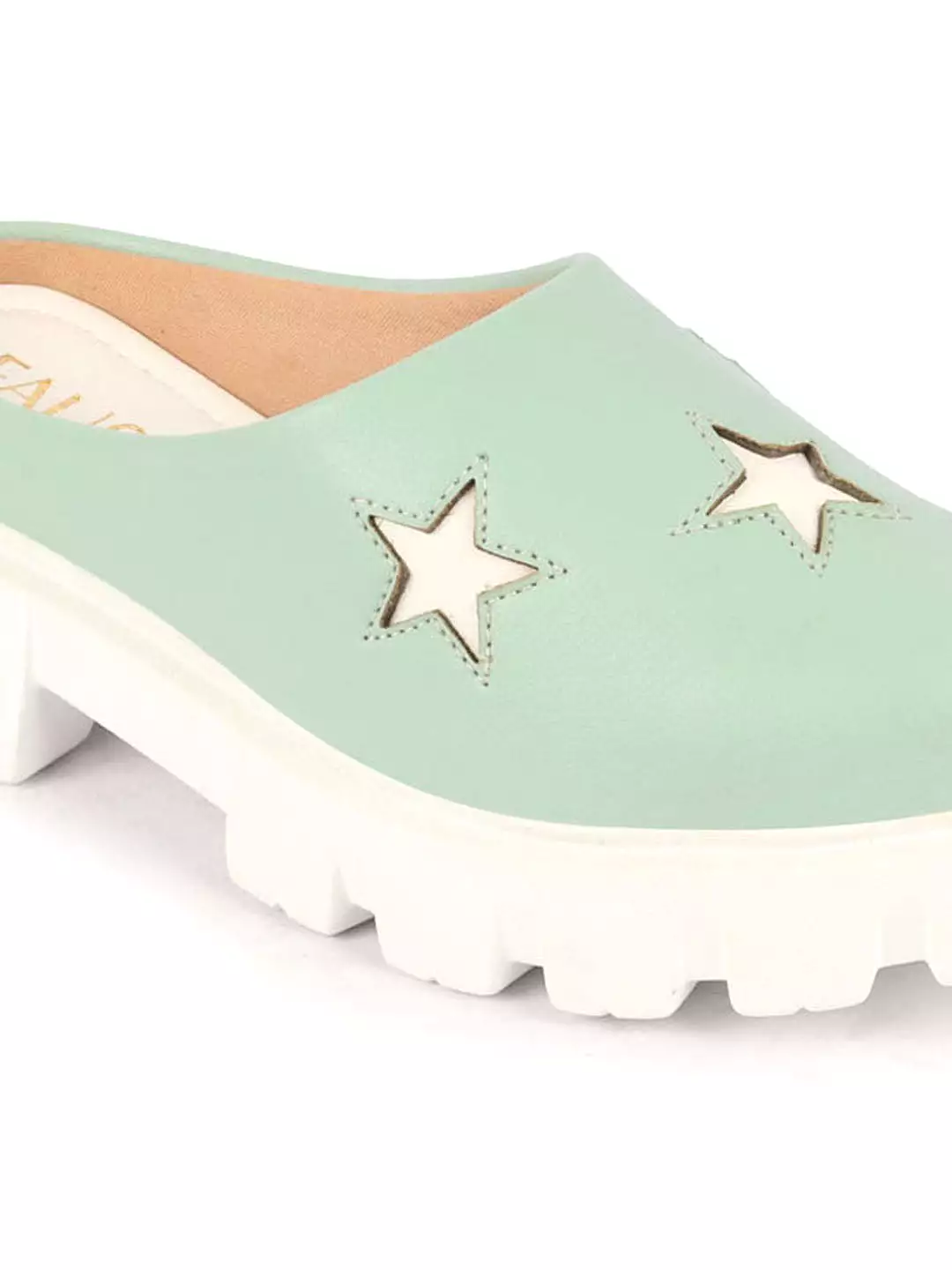 Women Pista Green Laser Cut Star Open Back Height Enhancer Slip On Casual Shoes