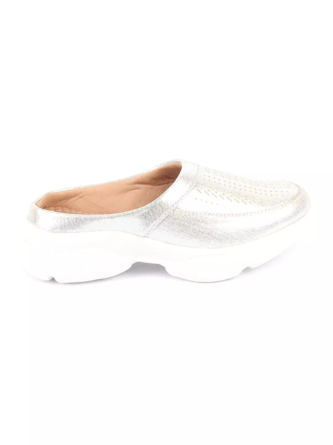 Women Silver Laser Cut Design Stitched Back Open Slip On Mules Shoes