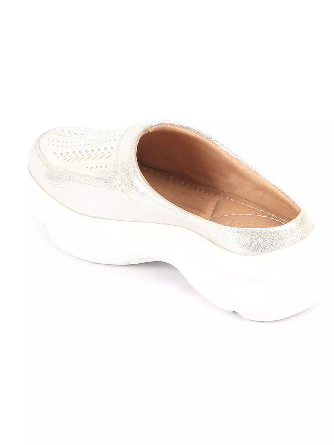 Women Silver Laser Cut Design Stitched Back Open Slip On Mules Shoes