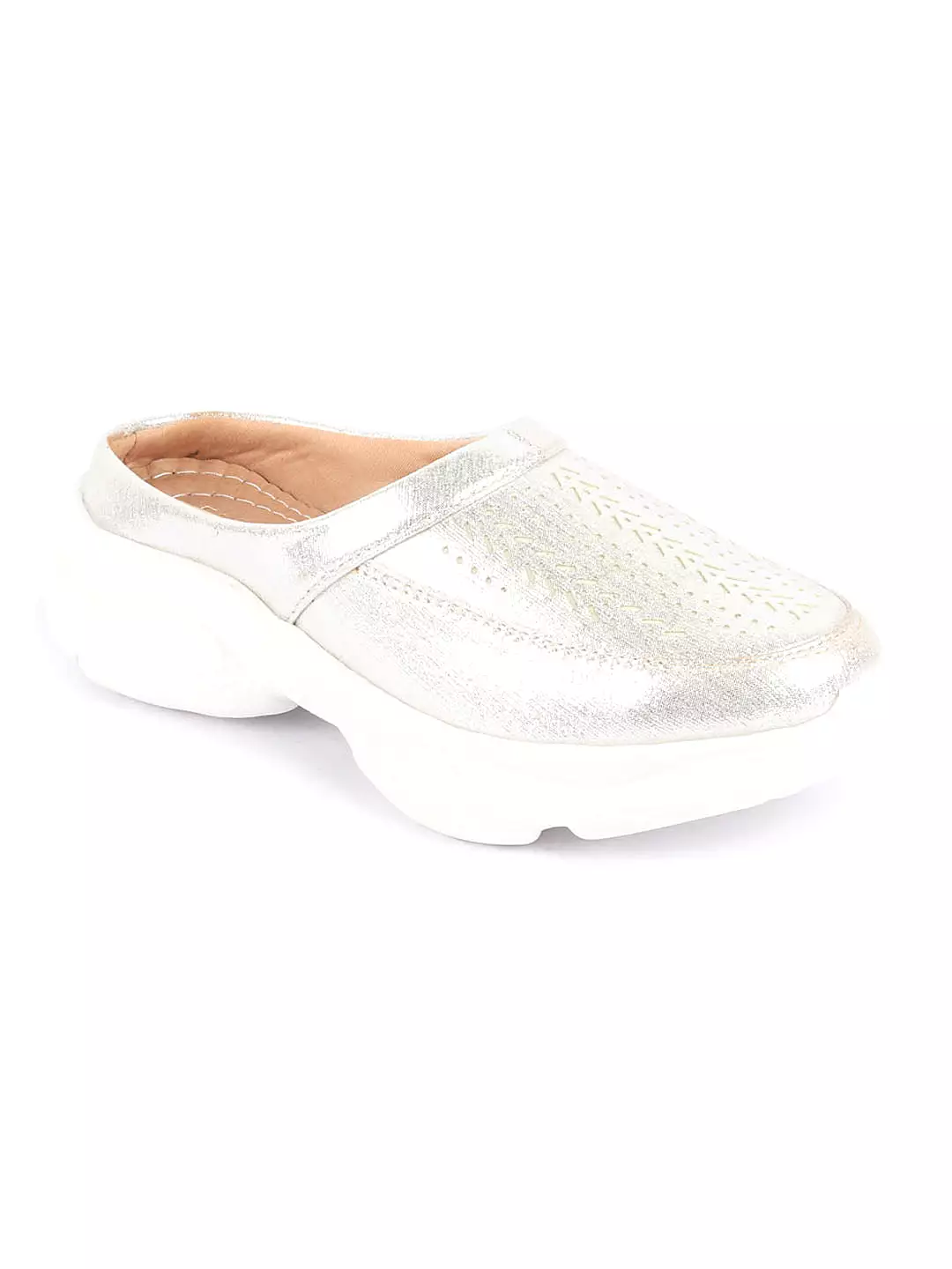 Women Silver Laser Cut Design Stitched Back Open Slip On Mules Shoes