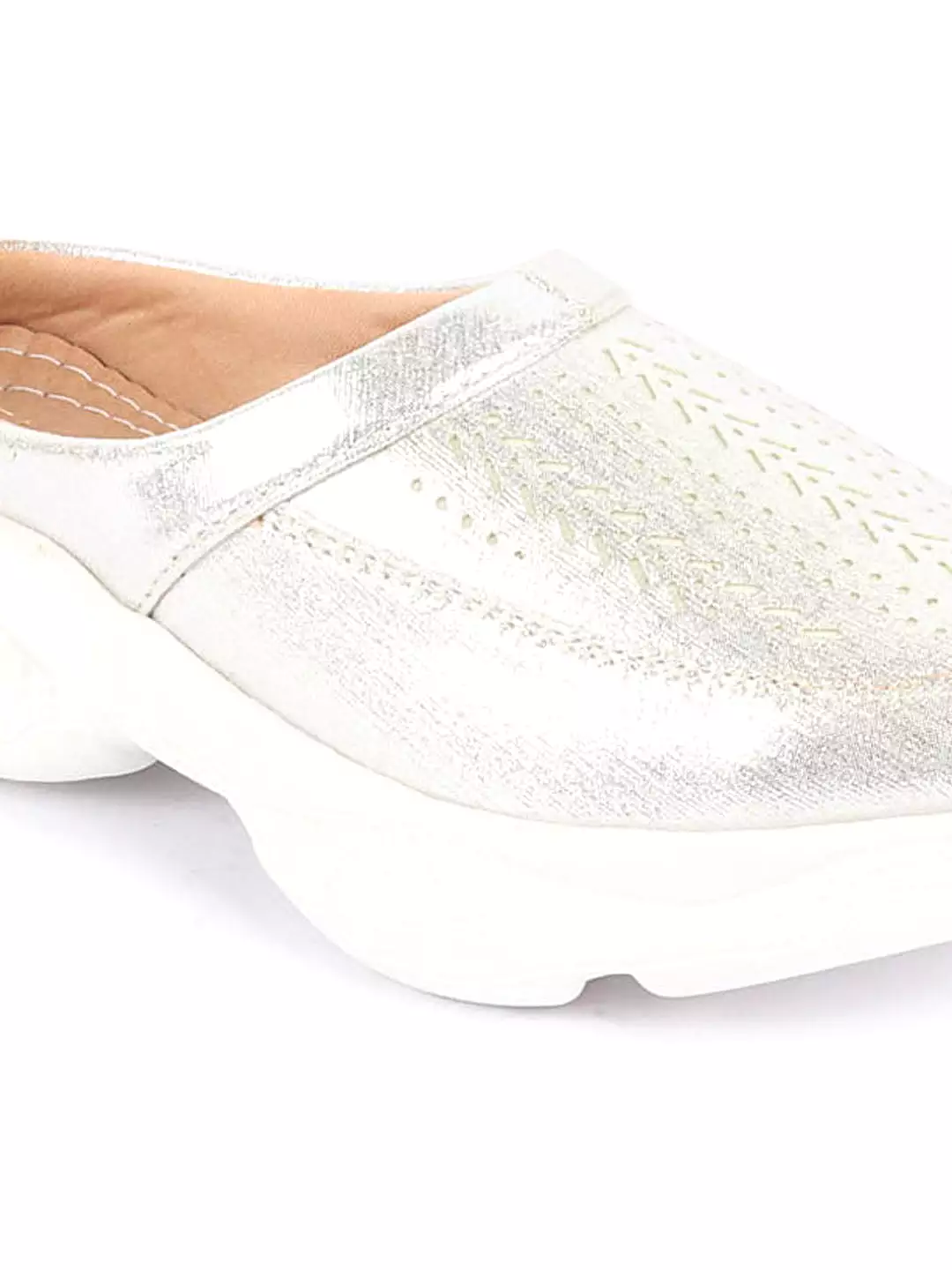 Women Silver Laser Cut Design Stitched Back Open Slip On Mules Shoes