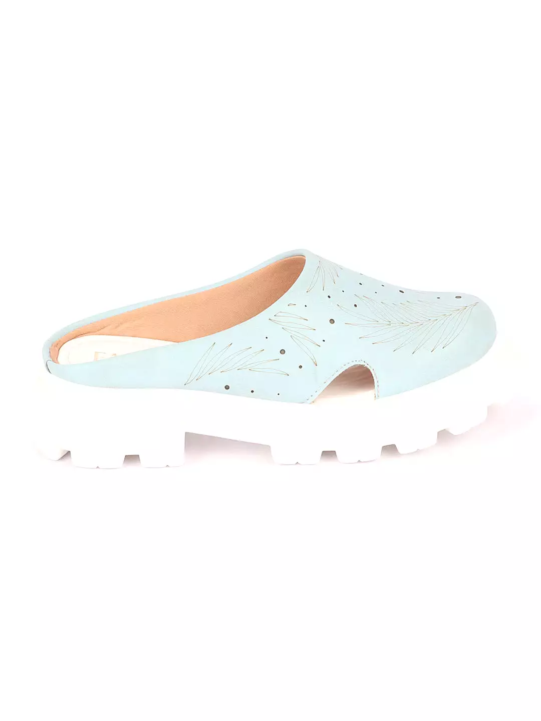 Women Sky Blue Fashion Outdoor Leaf Print Laser Cut Design Open Back Slip On Casual Shoes