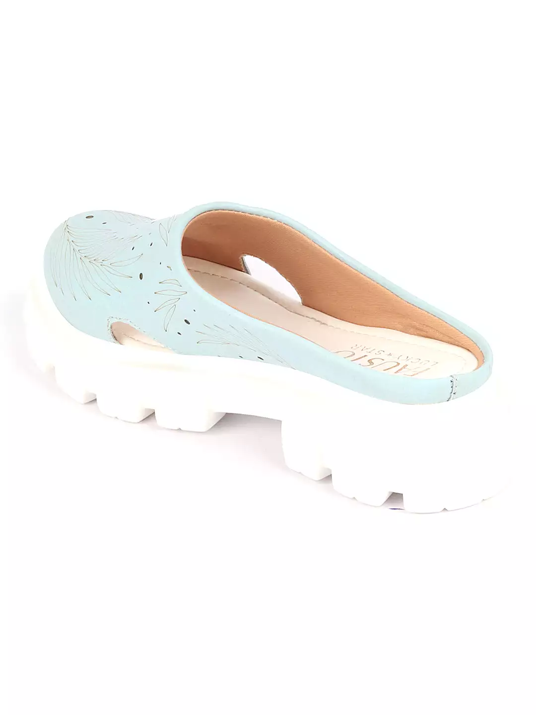 Women Sky Blue Fashion Outdoor Leaf Print Laser Cut Design Open Back Slip On Casual Shoes