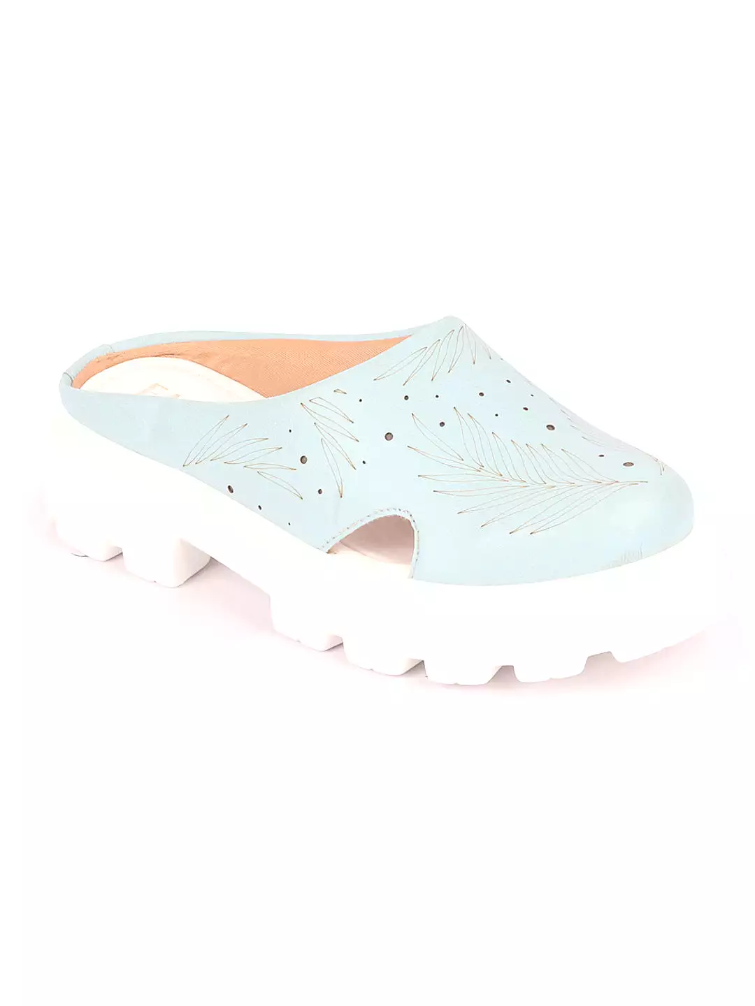 Women Sky Blue Fashion Outdoor Leaf Print Laser Cut Design Open Back Slip On Casual Shoes