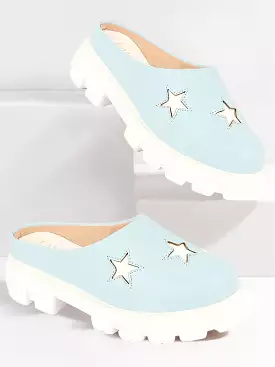 Women Sky Blue Laser Cut Star Open Back Height Enhancer Slip On Casual Shoes