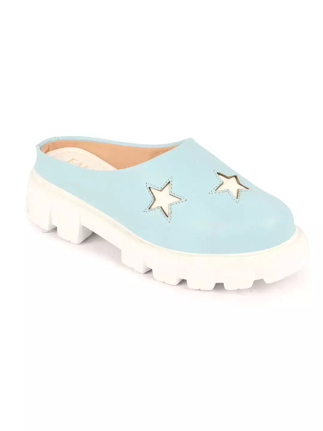 Women Sky Blue Laser Cut Star Open Back Height Enhancer Slip On Casual Shoes