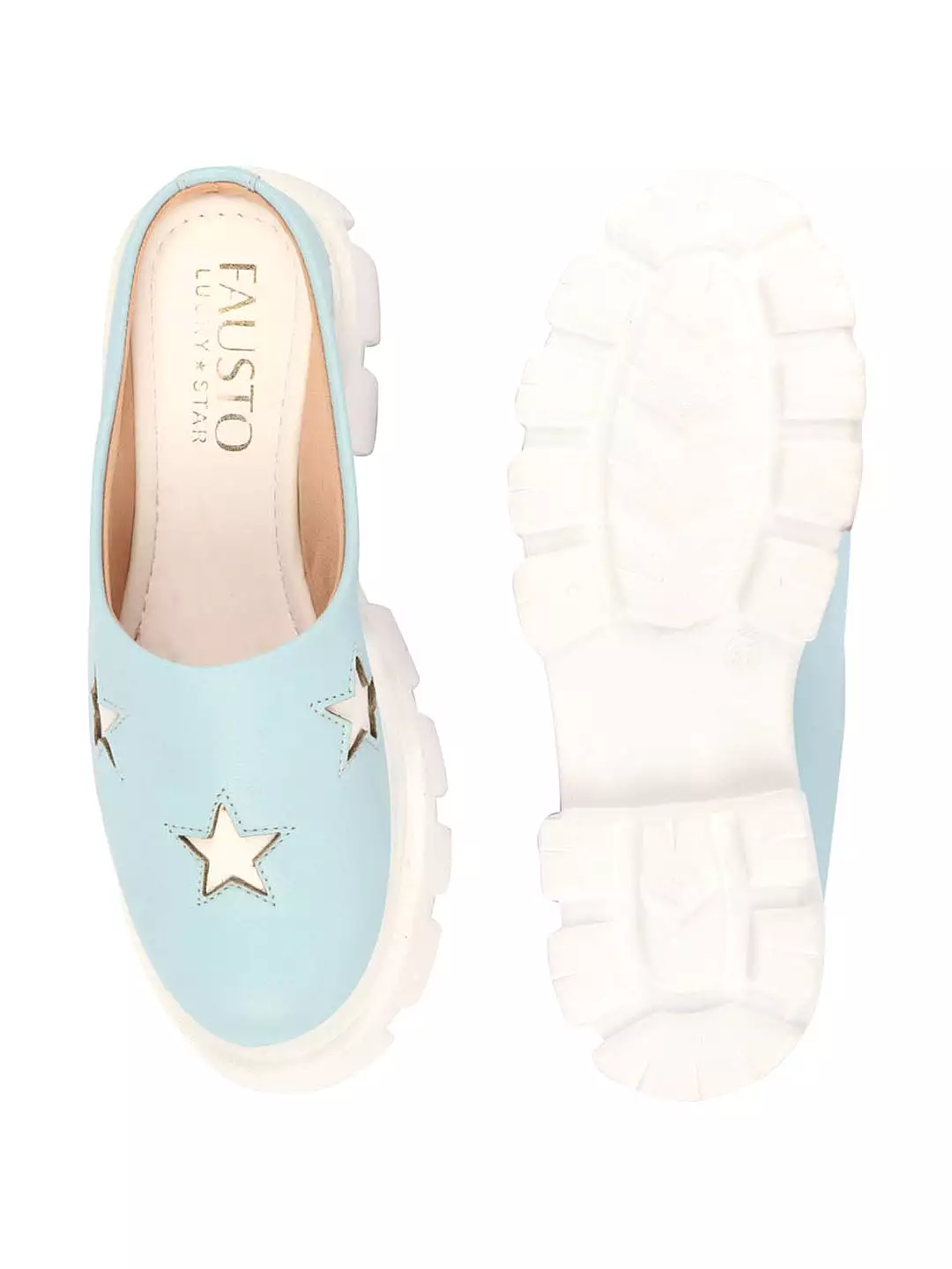 Women Sky Blue Laser Cut Star Open Back Height Enhancer Slip On Casual Shoes