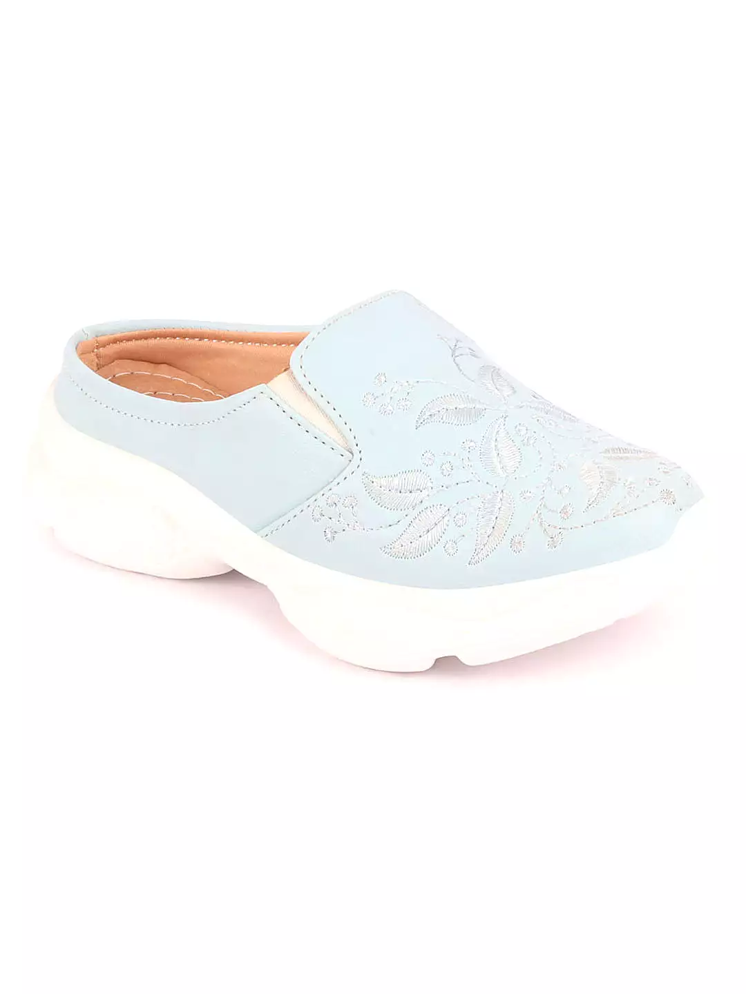 Women Sky Blue Leaf Print Embroidery Design Back Open Slip On Mules Shoes