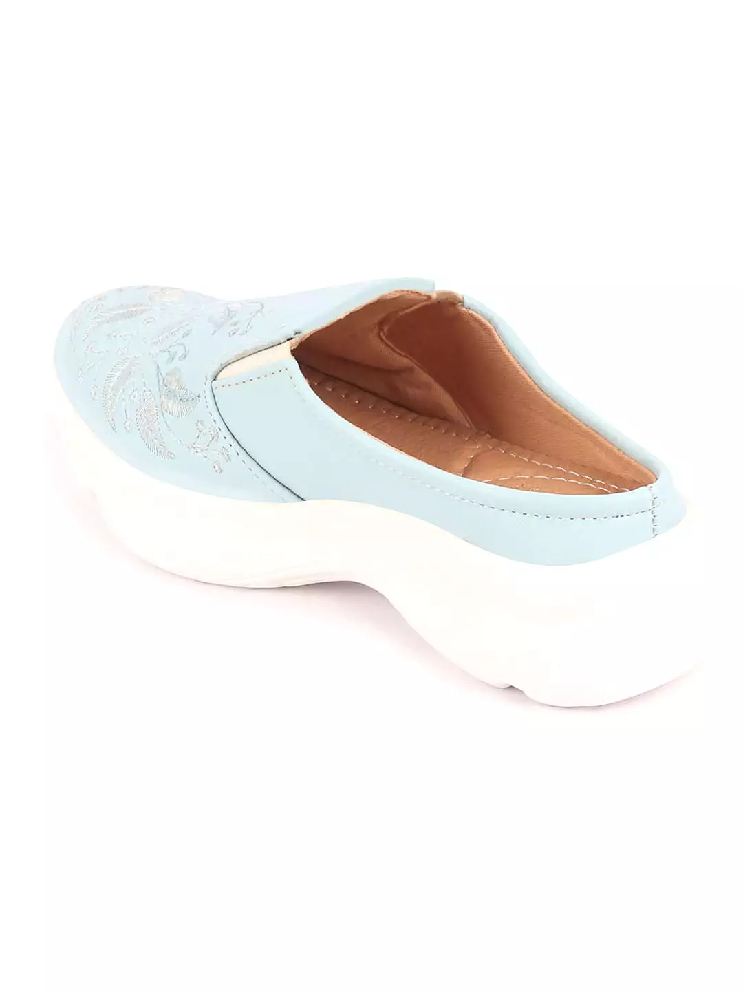 Women Sky Blue Leaf Print Embroidery Design Back Open Slip On Mules Shoes